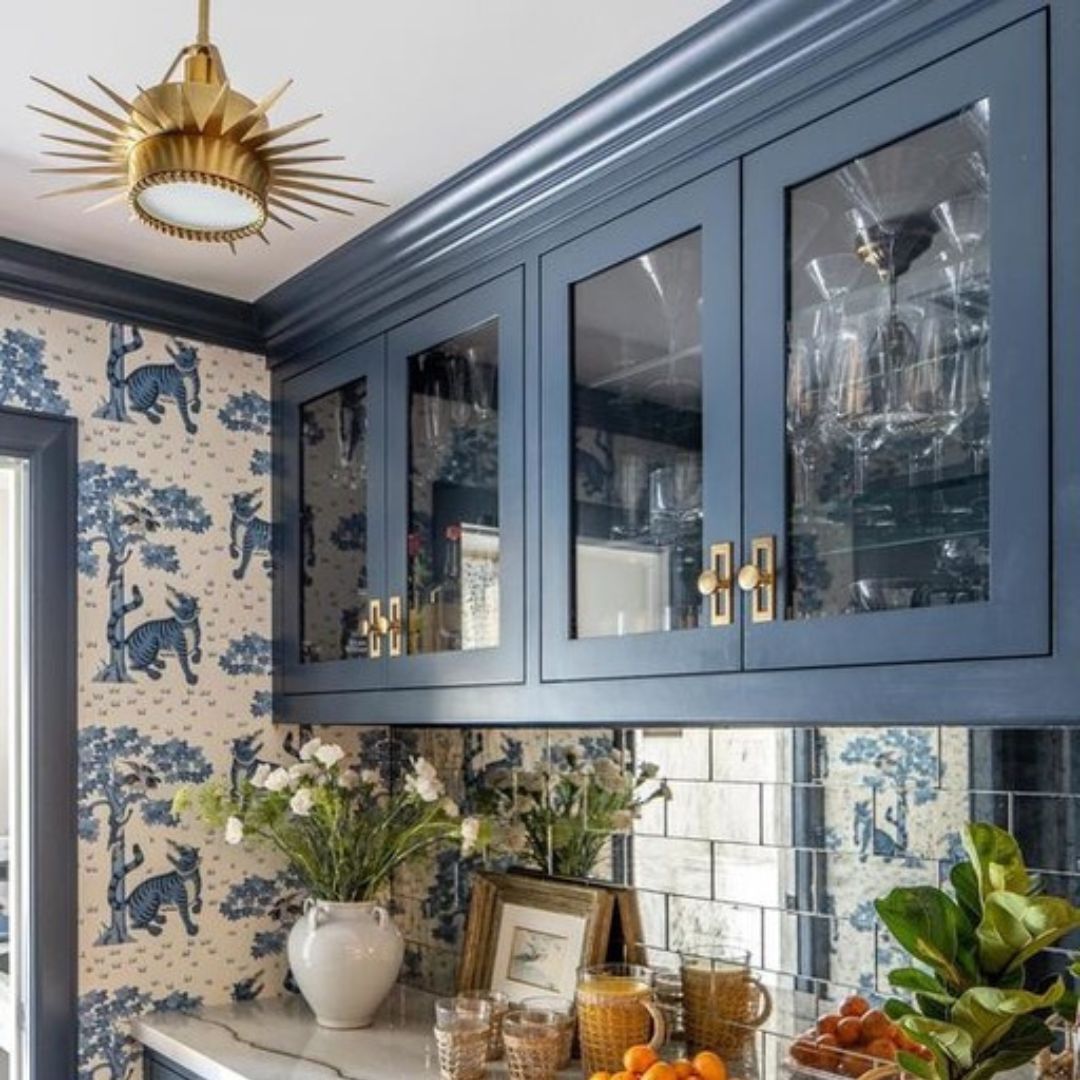 kitchen corner with a bold lighting pendant and colorful decor style