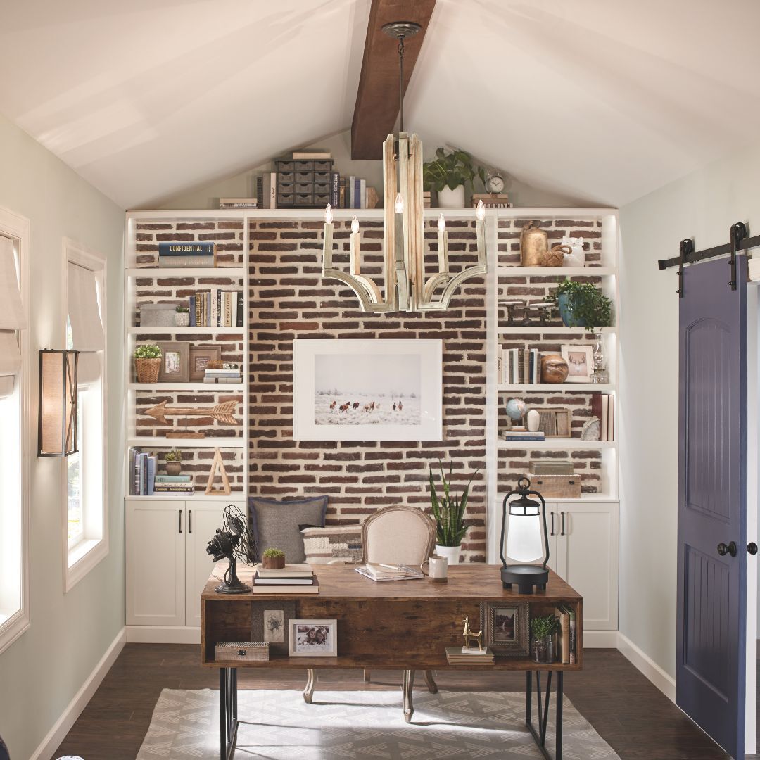 home office with brick accent wall and multiple lighting sources home office with brick accent wall and multiple lighting sources